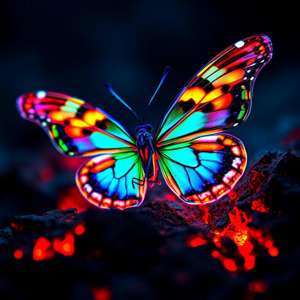Vibrant Triadic Butterfly on Lava Rock in Neon-Lit Macro Pho...