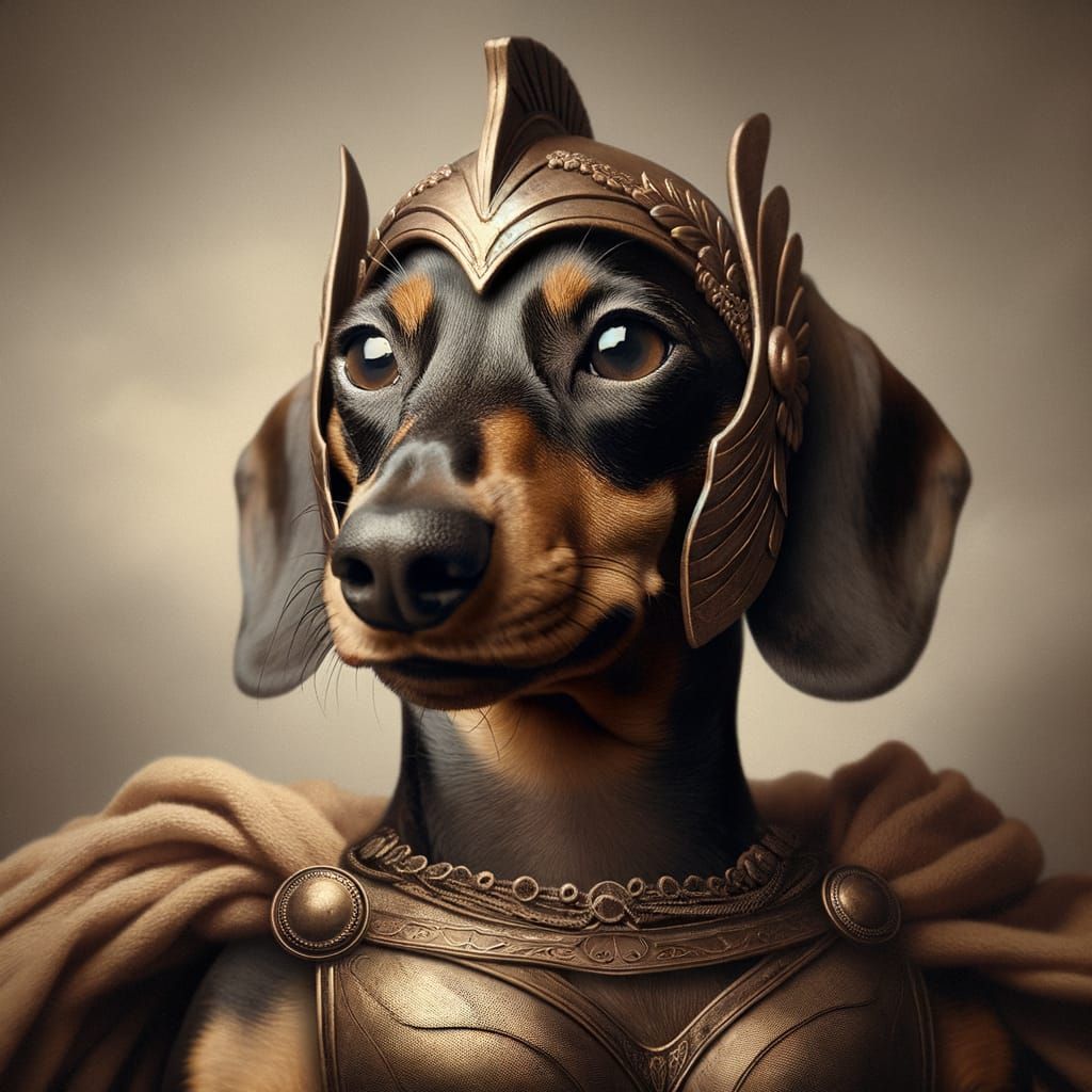 Regal Dachshund Warrior Princess in Vintage Photorealism