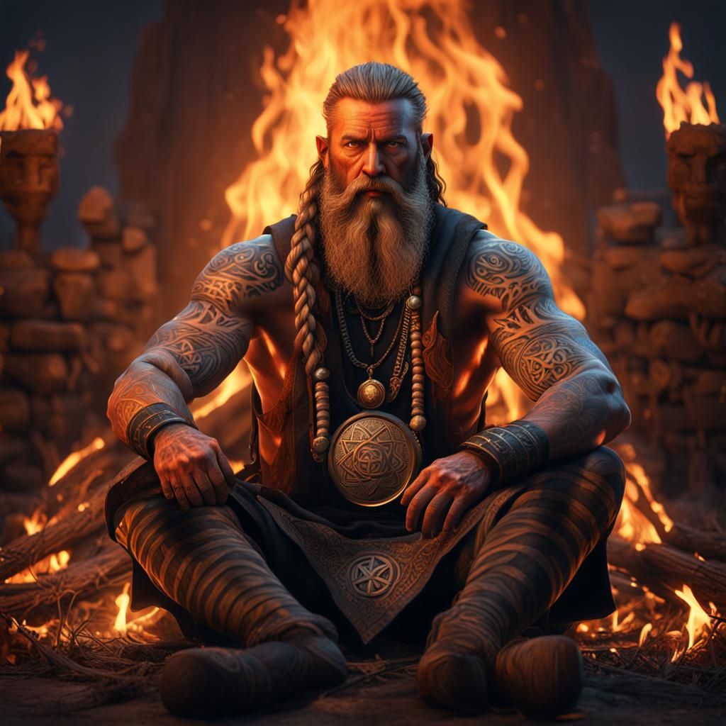 Mystical Shaman sitting in front of a fire, symmetrical, firelight showing off arms with Celtic Tattoos, strong muscles,...