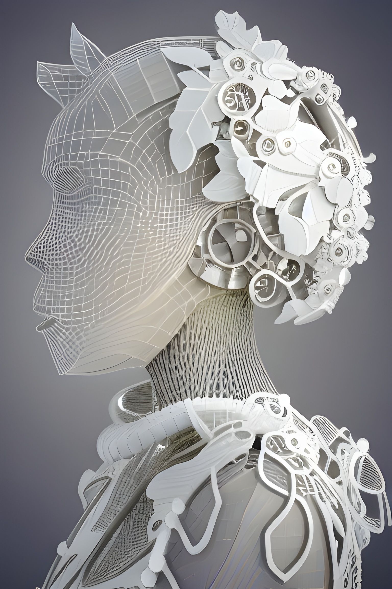 Biomechanical Cyborg with Porcelain Face in Art Nouveau Styl...