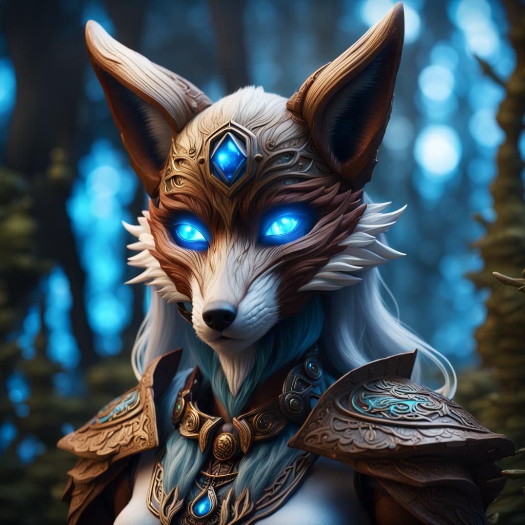 Fox Masked Druid with Glowing Eyes, Digital Art