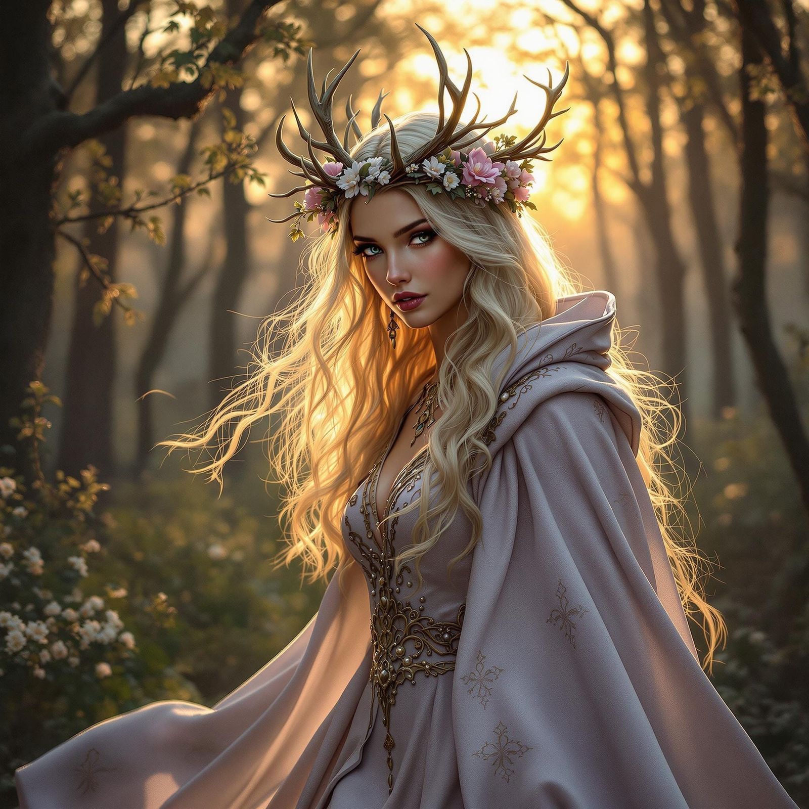Celtic Goddess Inciona in Mystical Forest at Sunset