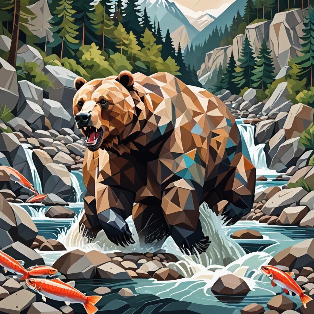 Giant Grizzly Salmon Catch in Cubist Style