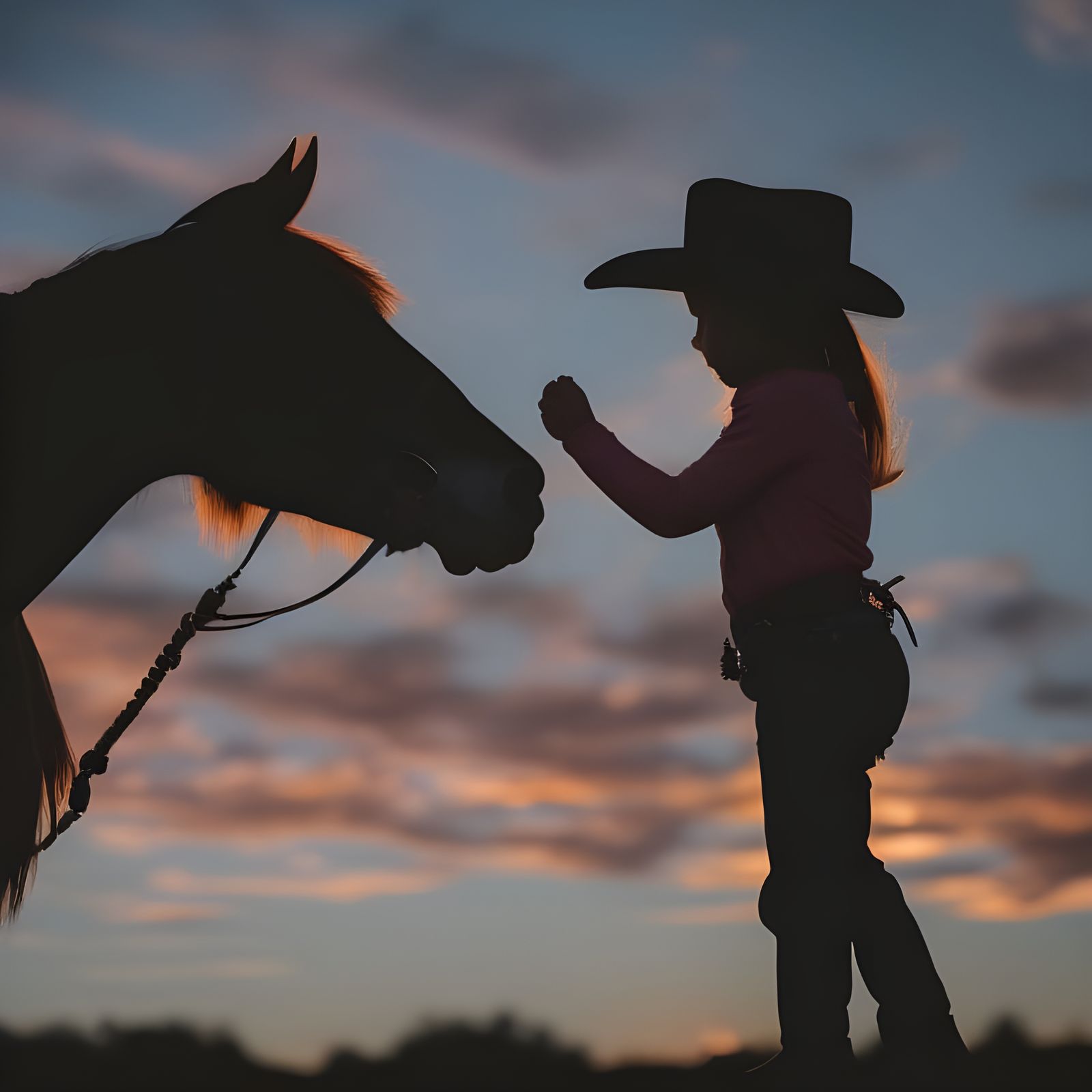 Sunset Silhouette: Cowgirl and Wild Horse