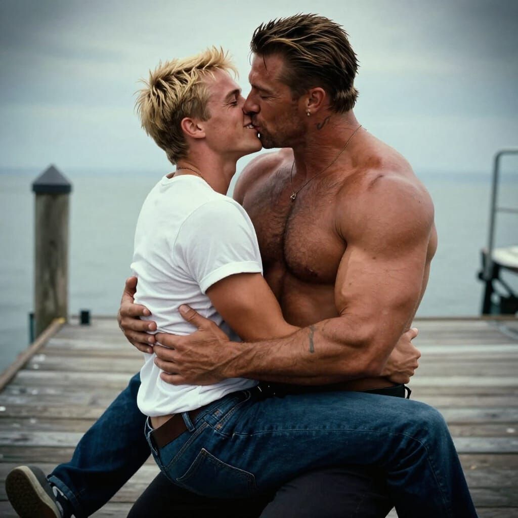 Muscular Couple Embraces on Dock in Cinematic Film Still