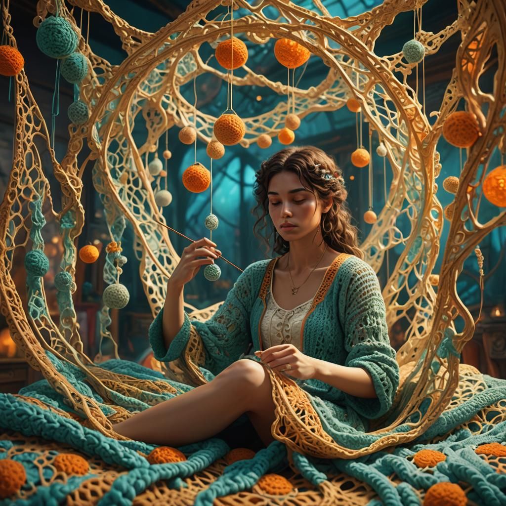 Woman Crocheting Suspended Bed in Dreamlike Digital Art