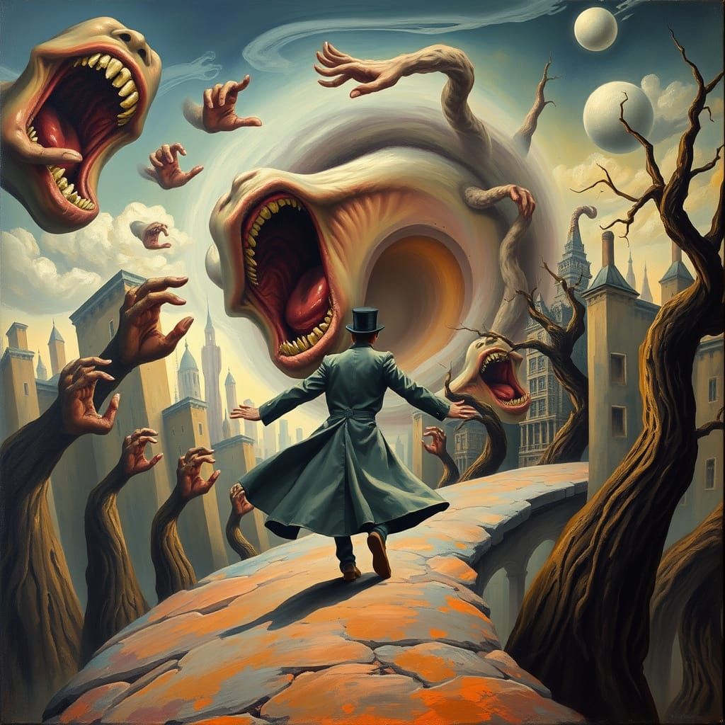 Ethereal Figure Escapes Distorted Cityscape in Surrealist Ni...