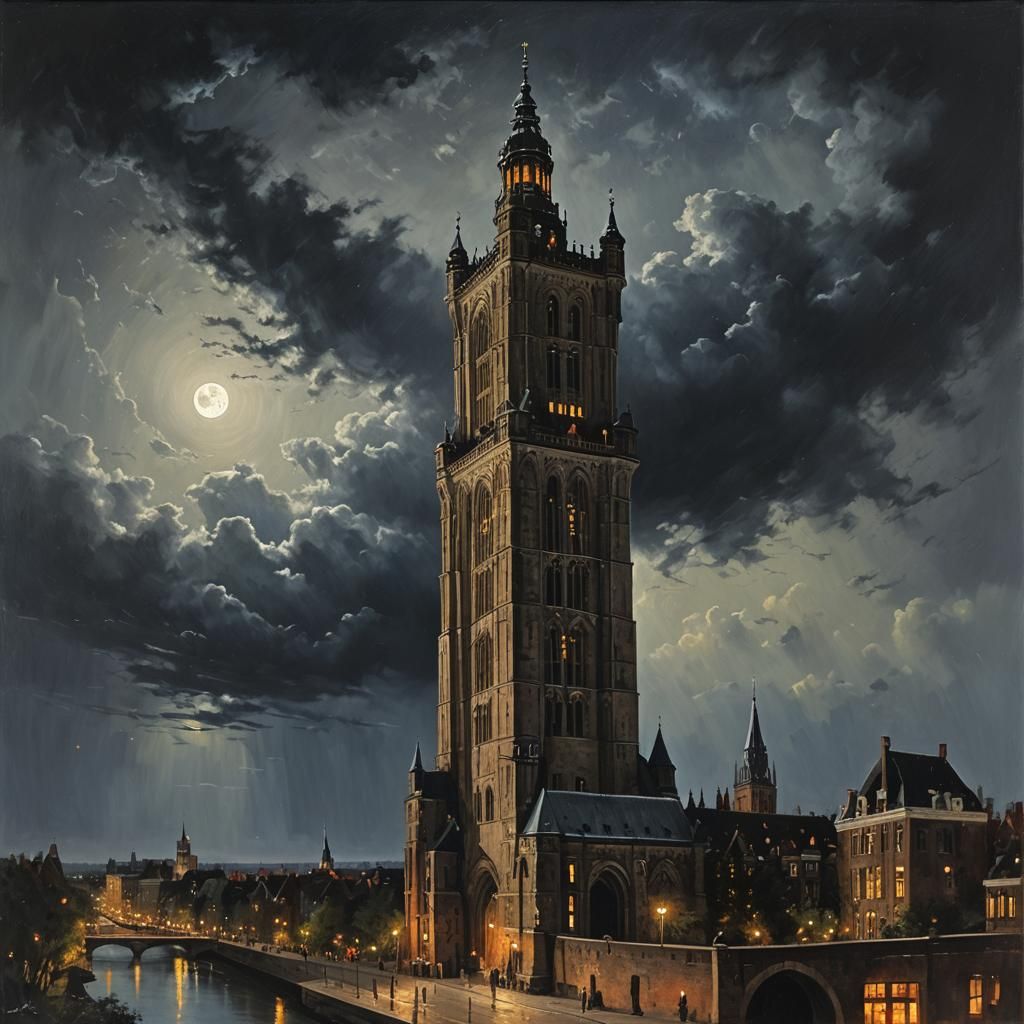 Dom Tower Utrecht at Night in Oil Painting Style