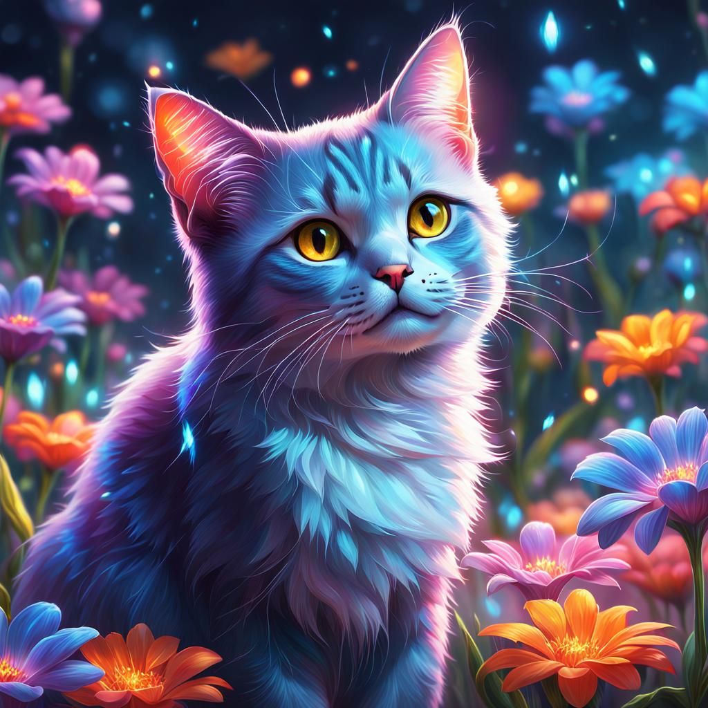 Cat Amidst Glowing Flowers: Hyperrealistic Concept Art