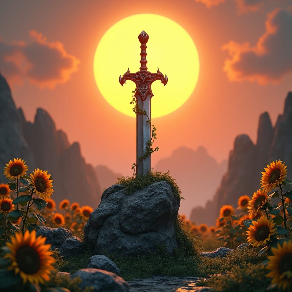 King Arthur's Sword in Stone with Sunflowers
