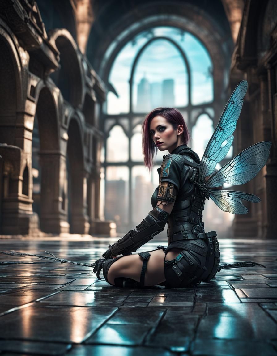 Cyberpunk Woman with Dragonfly Wings in Cybercity