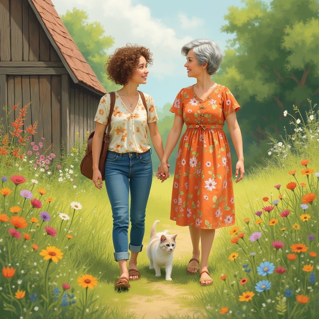 Daughter and Mother Stroll Through Meadow, Beatrix Potter St...