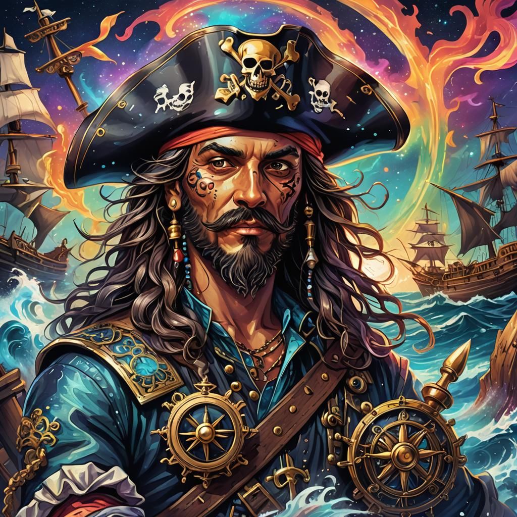 Cosmic Pirate Captain in Holographic Astral Illustration