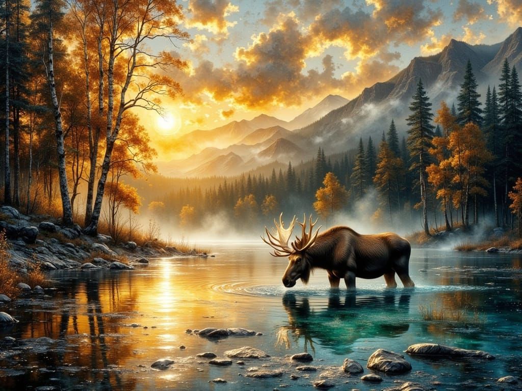 Majestic Moose Drinks From River at Dawn, Impasto Oil Painti...