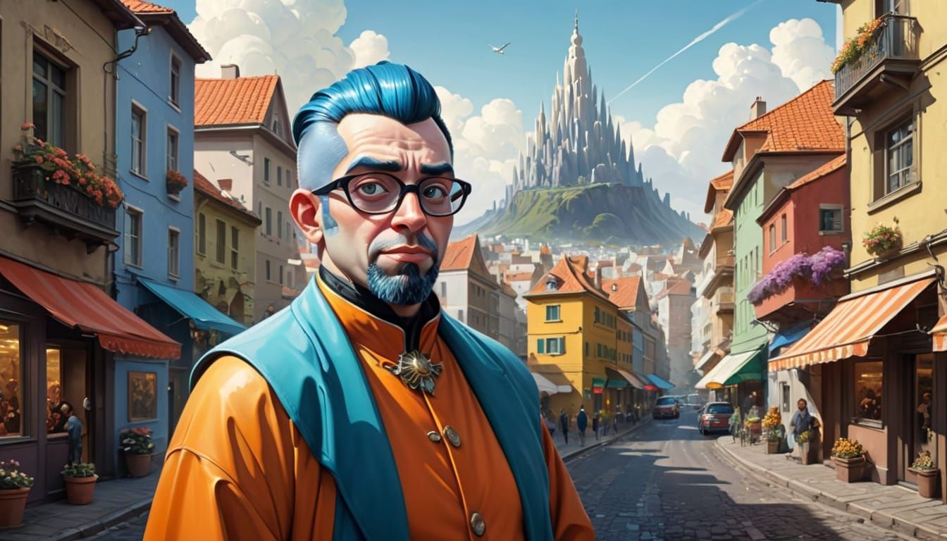 Surreal Character Portrait in Detailed Cityscape