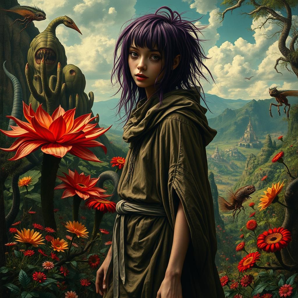 Surreal Woman in Lush Valley, Bosch-Inspired Art