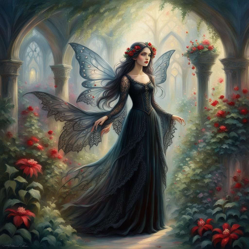 Gothic Fairy in Enchanted Garden as Oil Painting