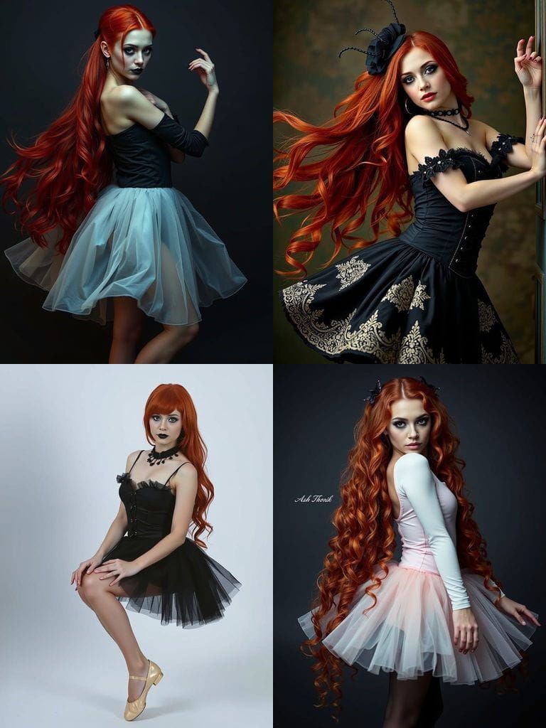 Gothic Ballerina with Red Hair in Ballet Pose