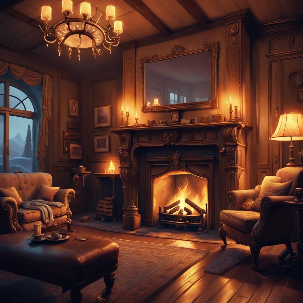 Cozy Fireplace in Ornate House at Night