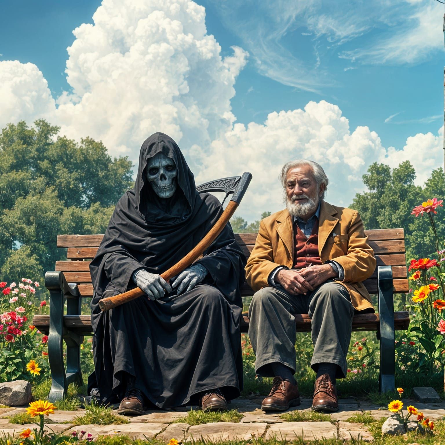 Grim Reaper on Bench, Watercolor and Acrylics