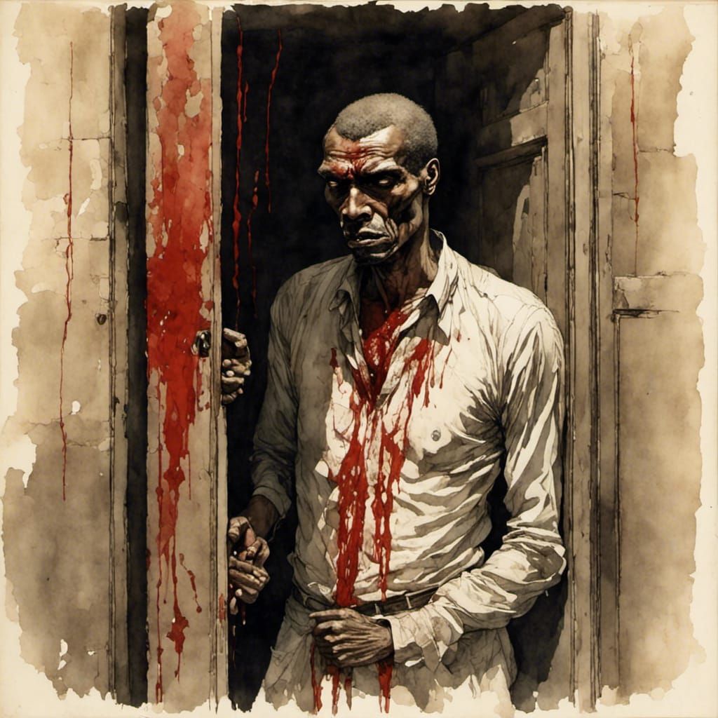 a bitter and angry man standing in a door way with blood str...