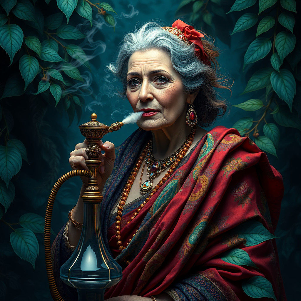 Mystical Woman Smoking Hookah in Fantasy Setting