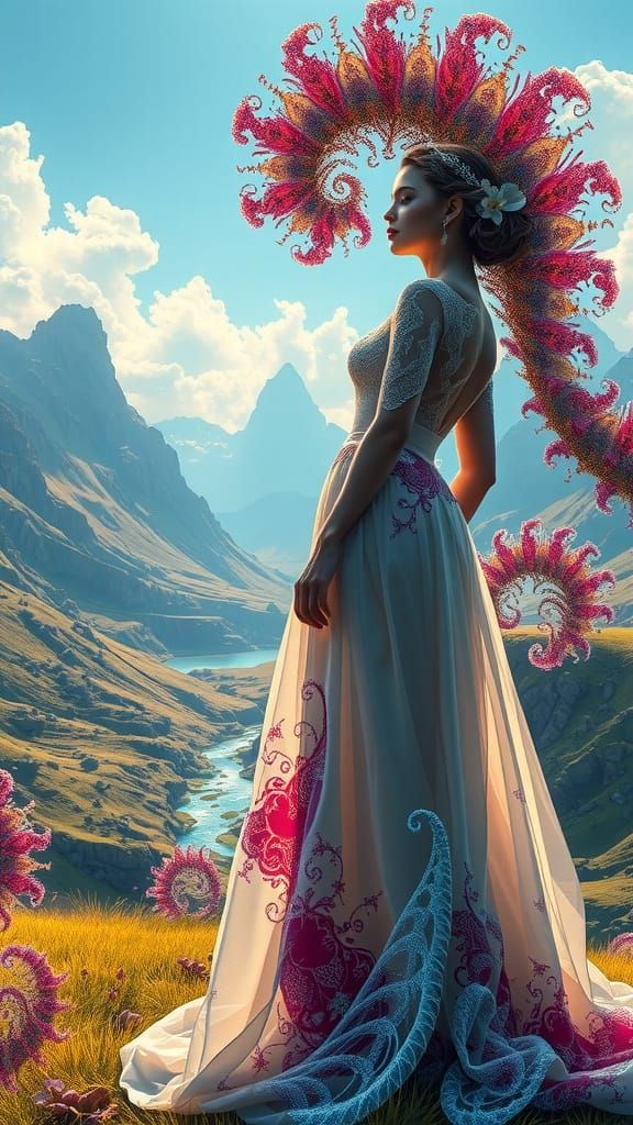 woman wearing a elegant dress, standing in a serene landscap...