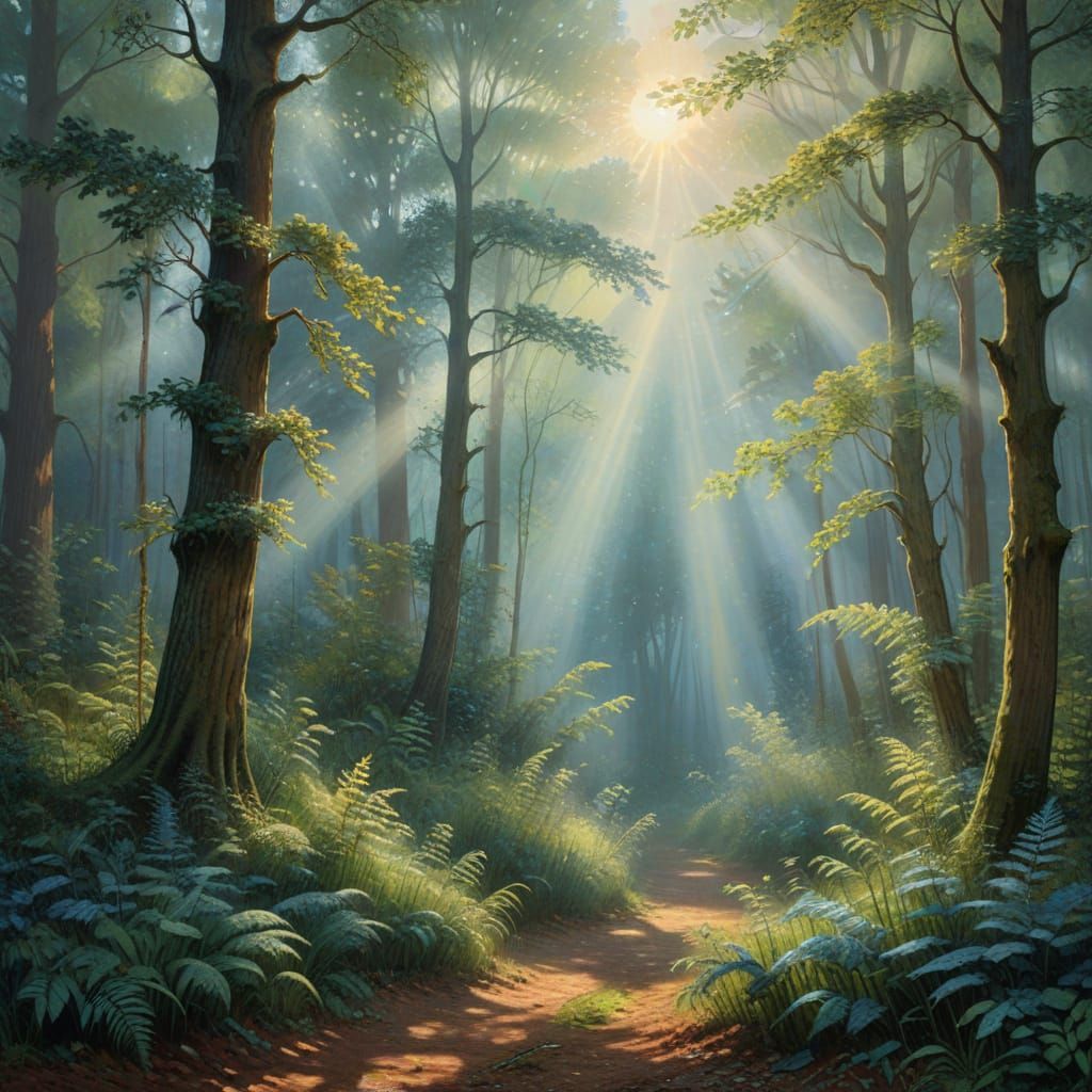 Mystical Forest Dawn in Gouache Impressionism