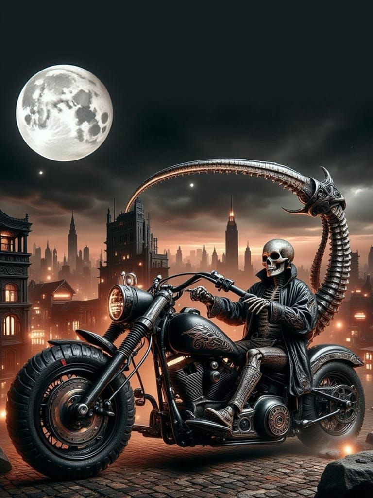 <lora:dark fantasy Sofiia:1.0> A skeleton with a scythe rides a motorcycle through a gloomy city
