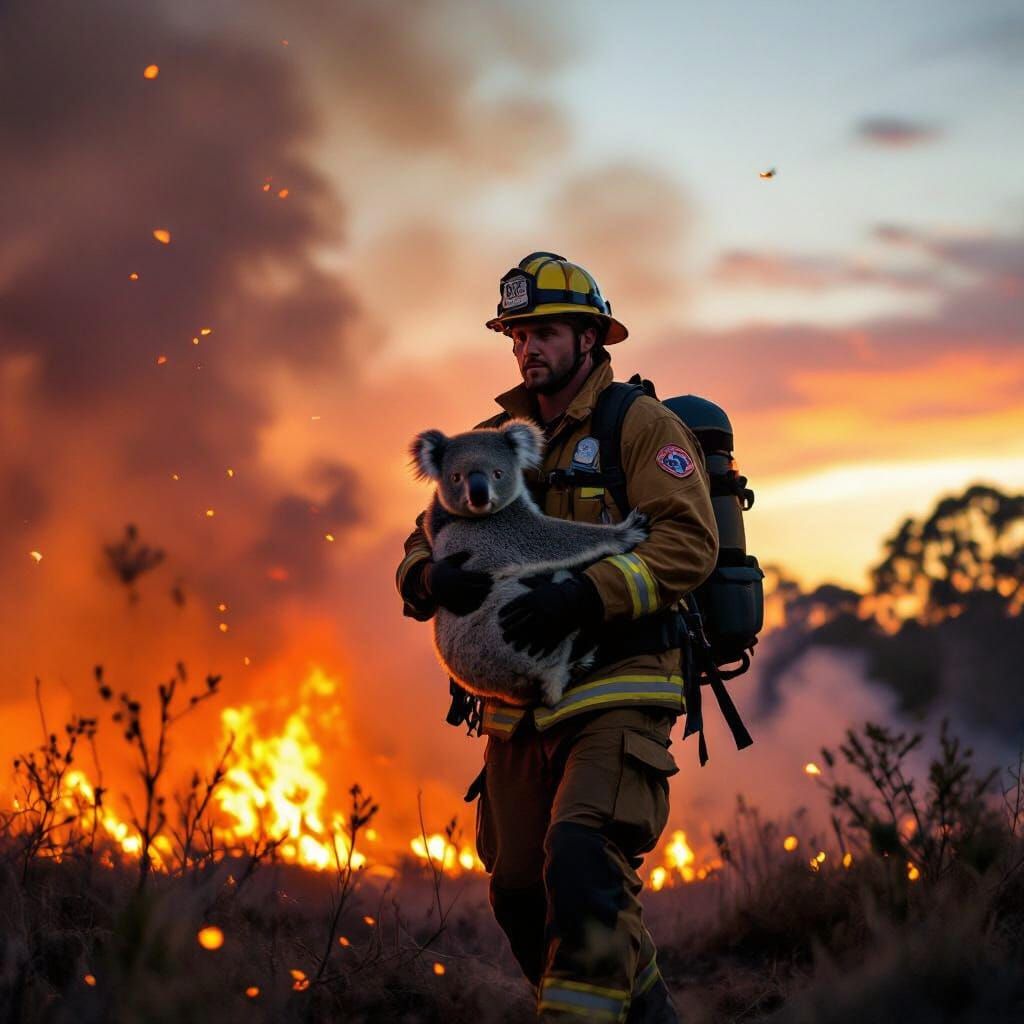 Firefighter Rescues Koala from Australian Wildfire at Dusk