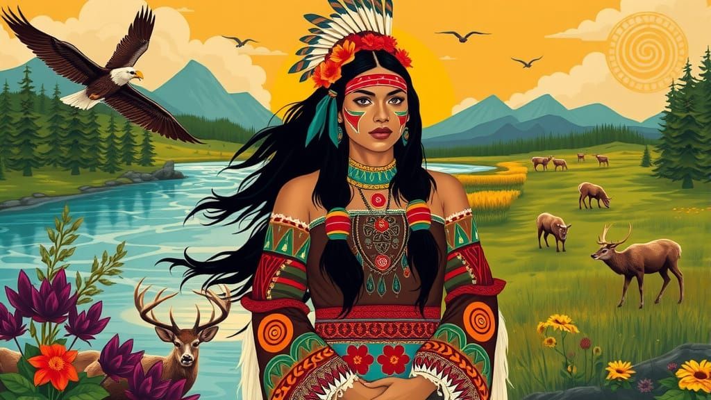 Indigenous Goddess in a Vibrant Natural Landscape