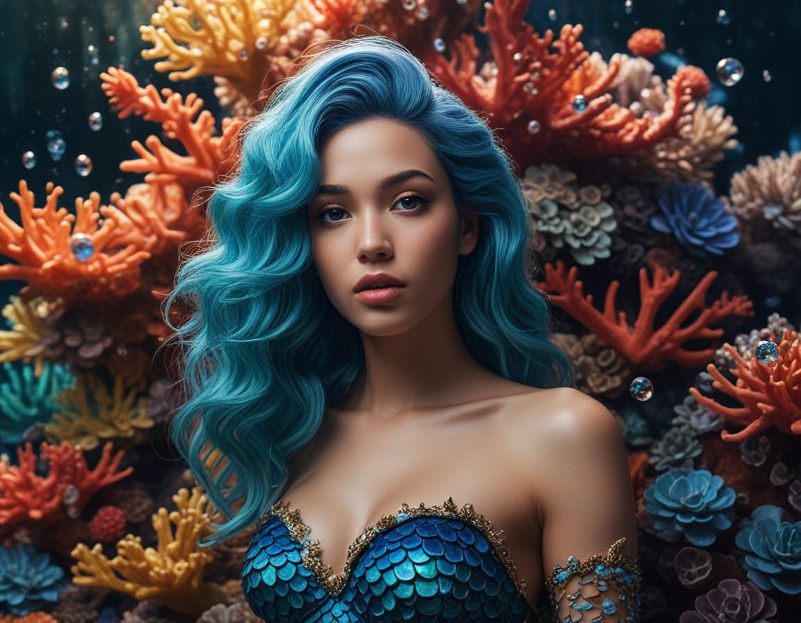 Blue-Haired Mermaid Swimming in Coral Reefs: Pixel Art