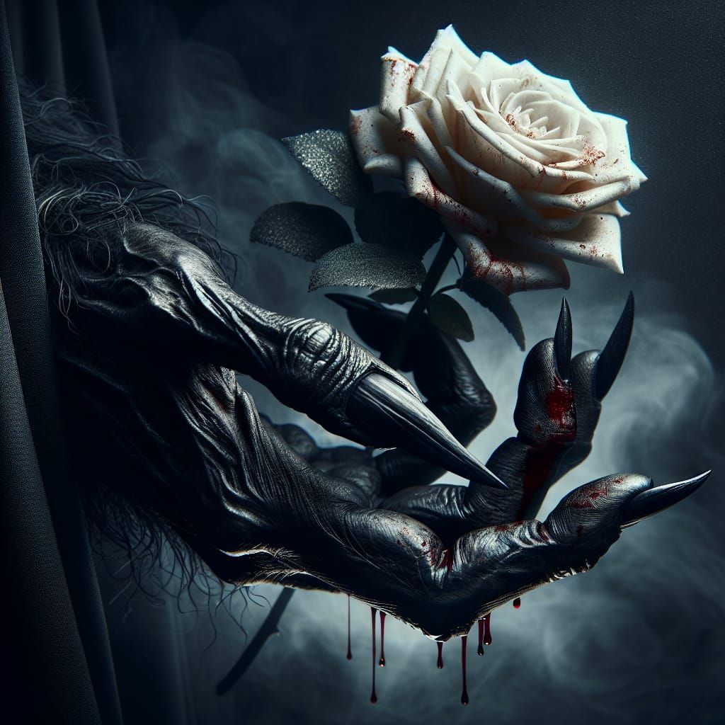 Demonic Hand Emerges Holding Bloodied Rose