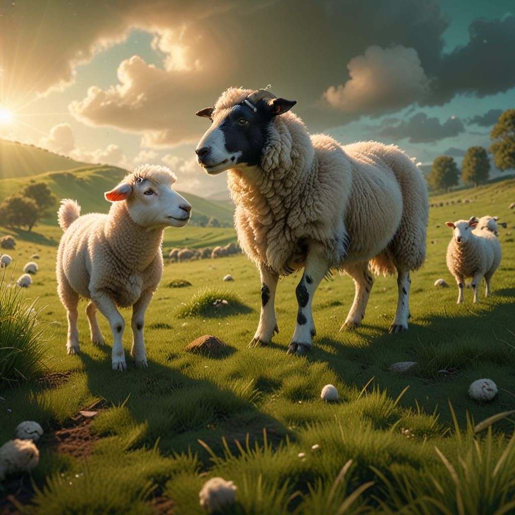 Playful Dog and Sheep in Vibrant Field