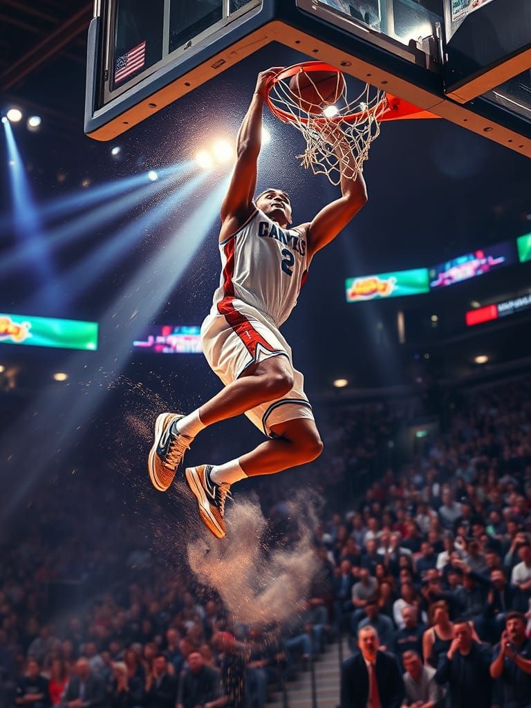 Spectacular Basketball Player Dunk in Dynamic Arena Scene