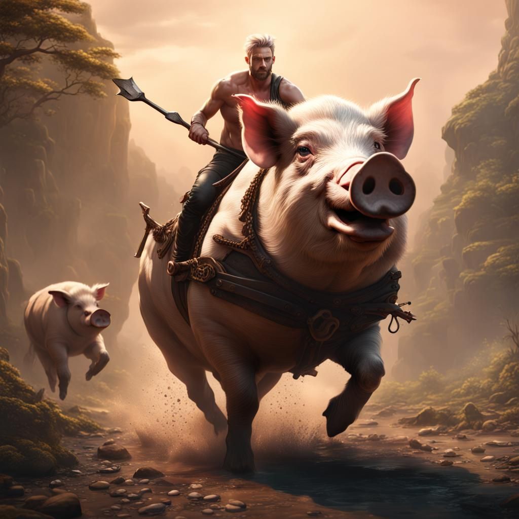 Shirtless Man Rides Pig in Detailed Matte Painting