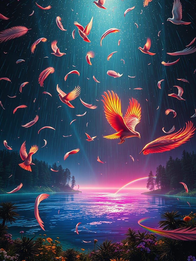 Bioluminescent Cosmos: Featherfall in a Dreamlike Style