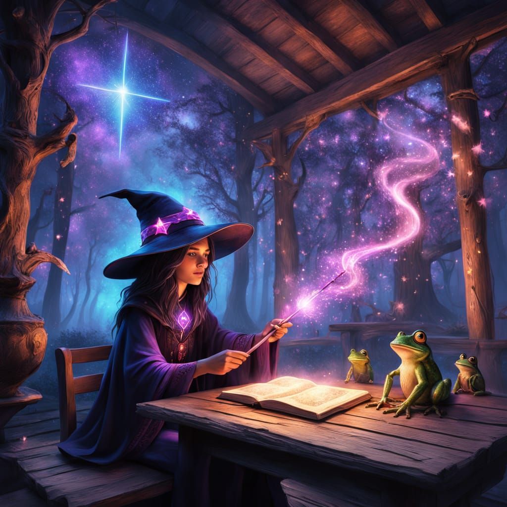 Whimsical Fantasy Wizard in Black Hat with Neon Accents