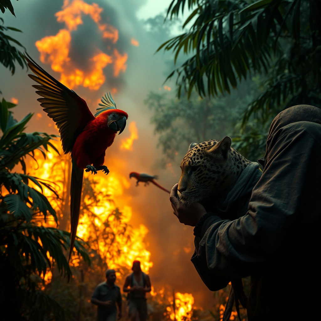 Amazon Rainforest Inferno: Animals Flee in Cinematic Scene