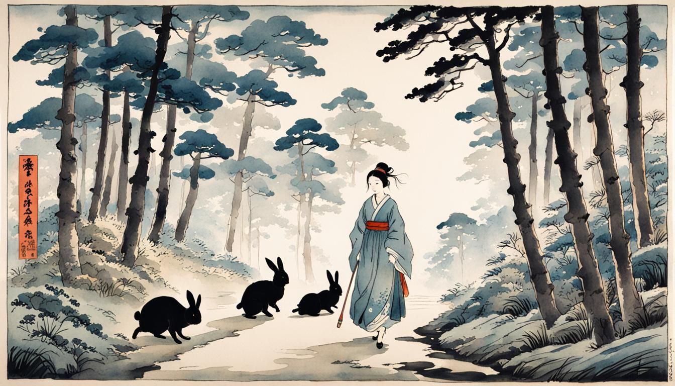 Village Girl with Bunnies in Forest: Watercolor Impressionis...