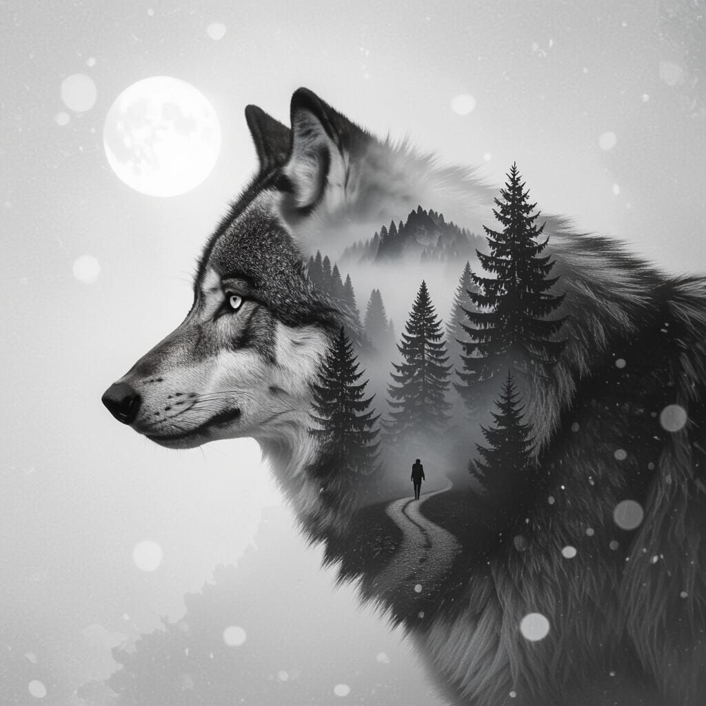 Wolf Silhouette with Forest and Hiker in Monochrome