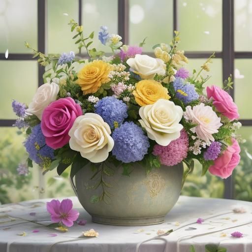 Hyperrealistic Teddy Bear Surrounded by Blooming Flowers