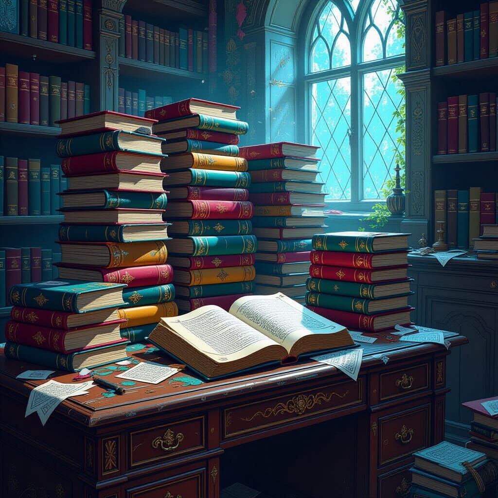 Magical Tomes on Wooden Desk, Dreamlike Scene