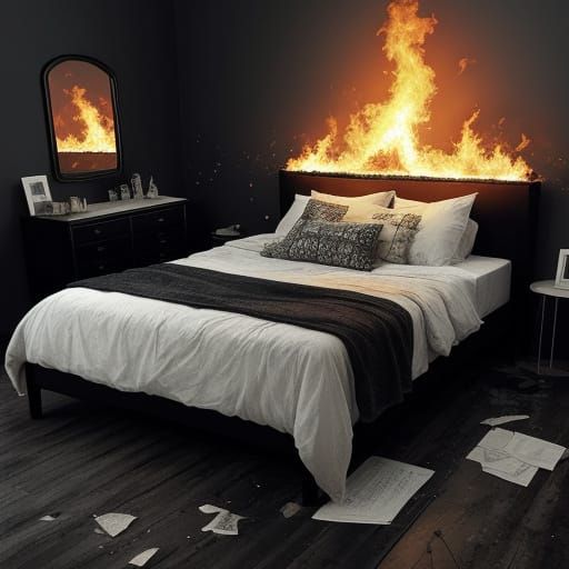 Bed Ablaze in Horror Style of Gustave Doré