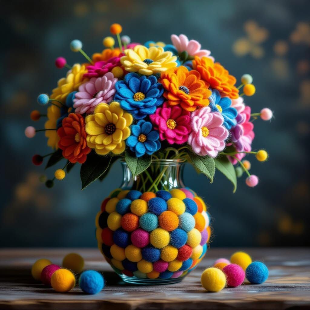 Colorful Wool Flower Bouquet in Fantasy Realism Style