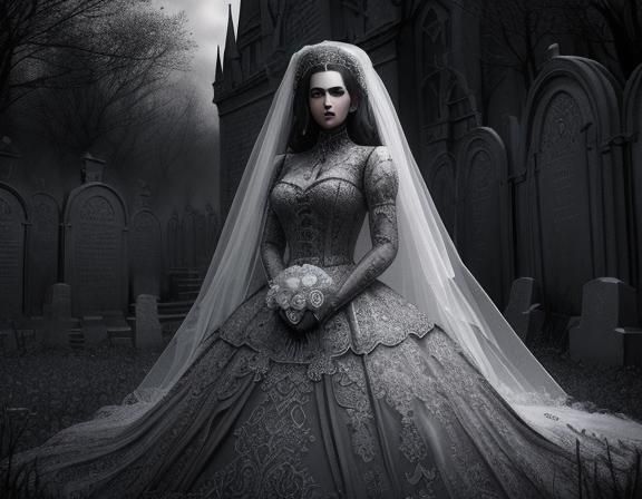 Transylvanian Bride in Dark Graveyard: Charcoal Art