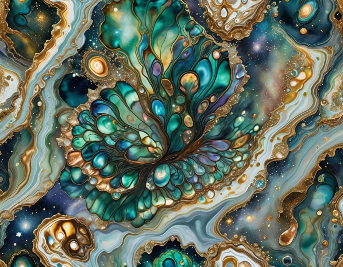 Abalone Shells in Cosmic Galaxy: Surreal Illustration