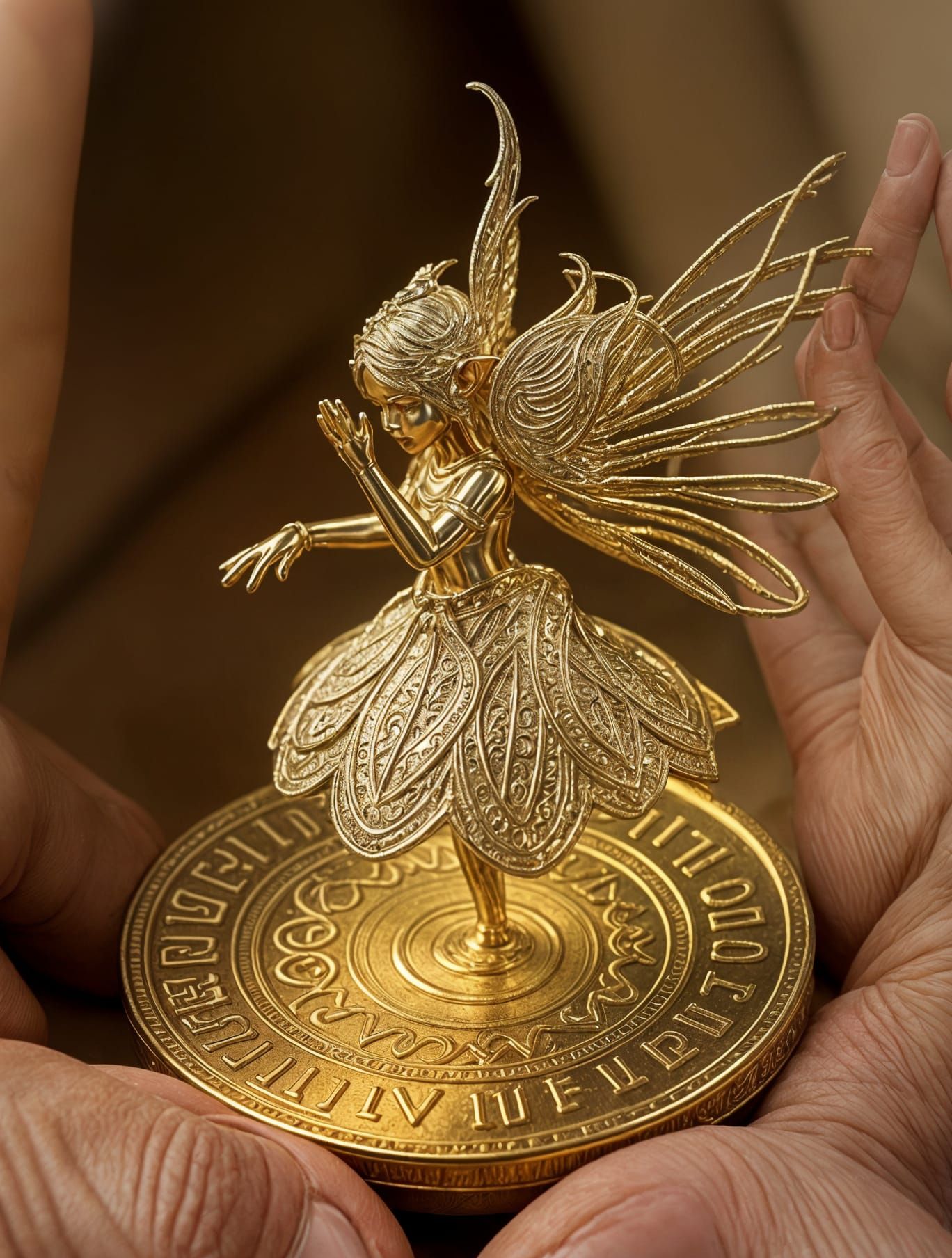 Elf Dances on Golden Coin Close-Up