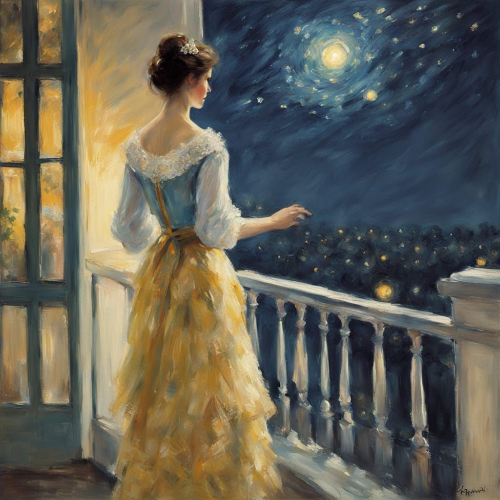 Impressionist Painting of Woman on Balcony at Night