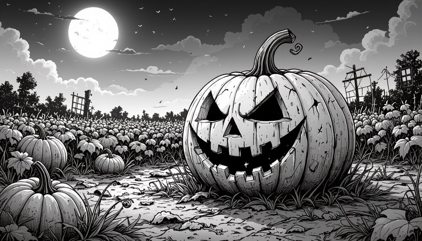 Macabre Jack-o'-Lantern in Ruined Pumpkin Field